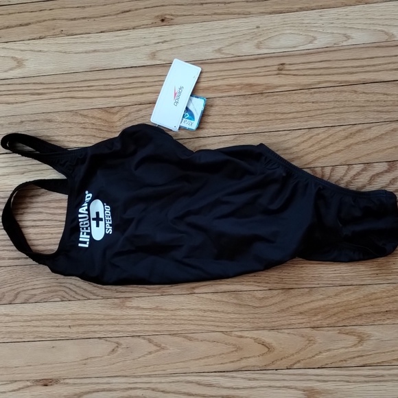 2 pc Set Speedo Lifeguard Swimsuit Maillot w/ Shorts 8 Lycra Black Classic NWT - Picture 2 of 14